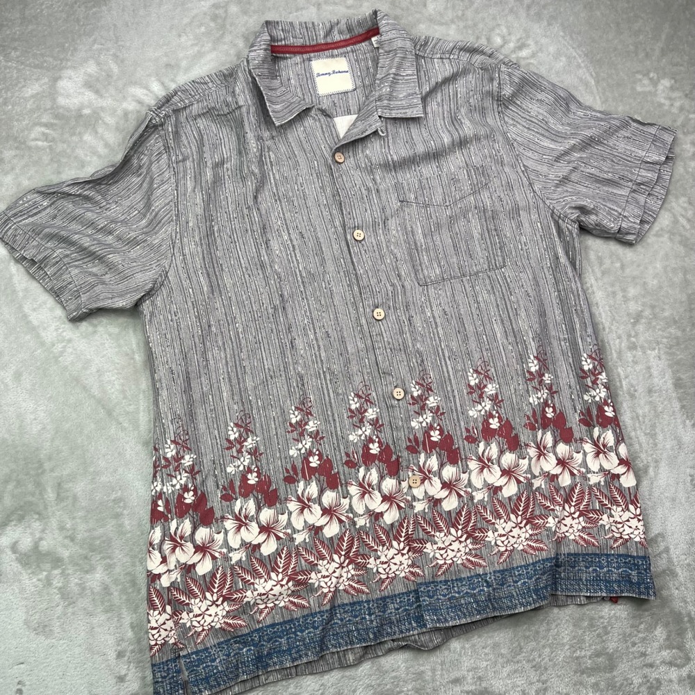 Tommy Bahama Camp Shirt Mens Large Grey Floral Border Print Silk Loop Collar